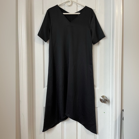 Eileen Fisher Black Satin V Neck Dress Size Small - Picture 2 of 5